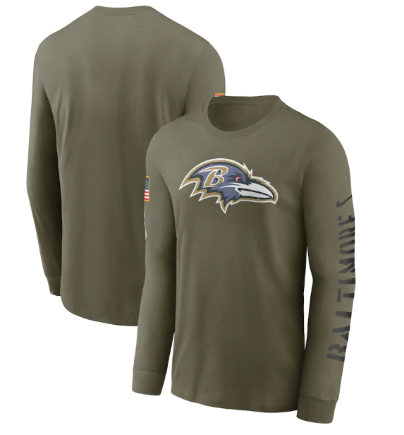 Men's Baltimore Ravens Olive 2022 Salute to Service Long Sleeve T-Shirt Men's Baltimore Ravens Olive 2022 Salute to Service Long Sleeve T-Shirt